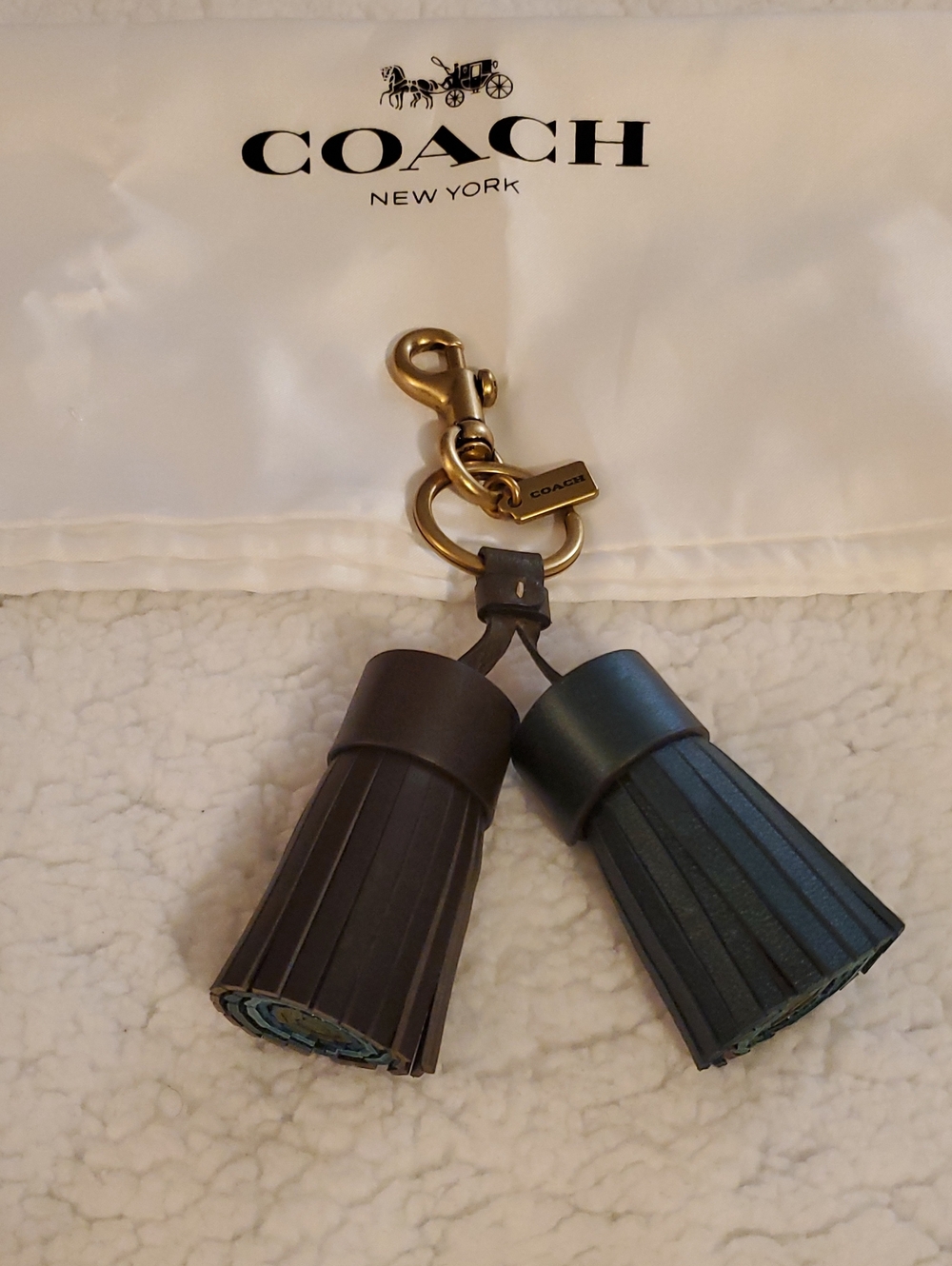 NWOT COACH Leather Remade Colorblock Tassel Bag/Key Charm in Dark Green Multi